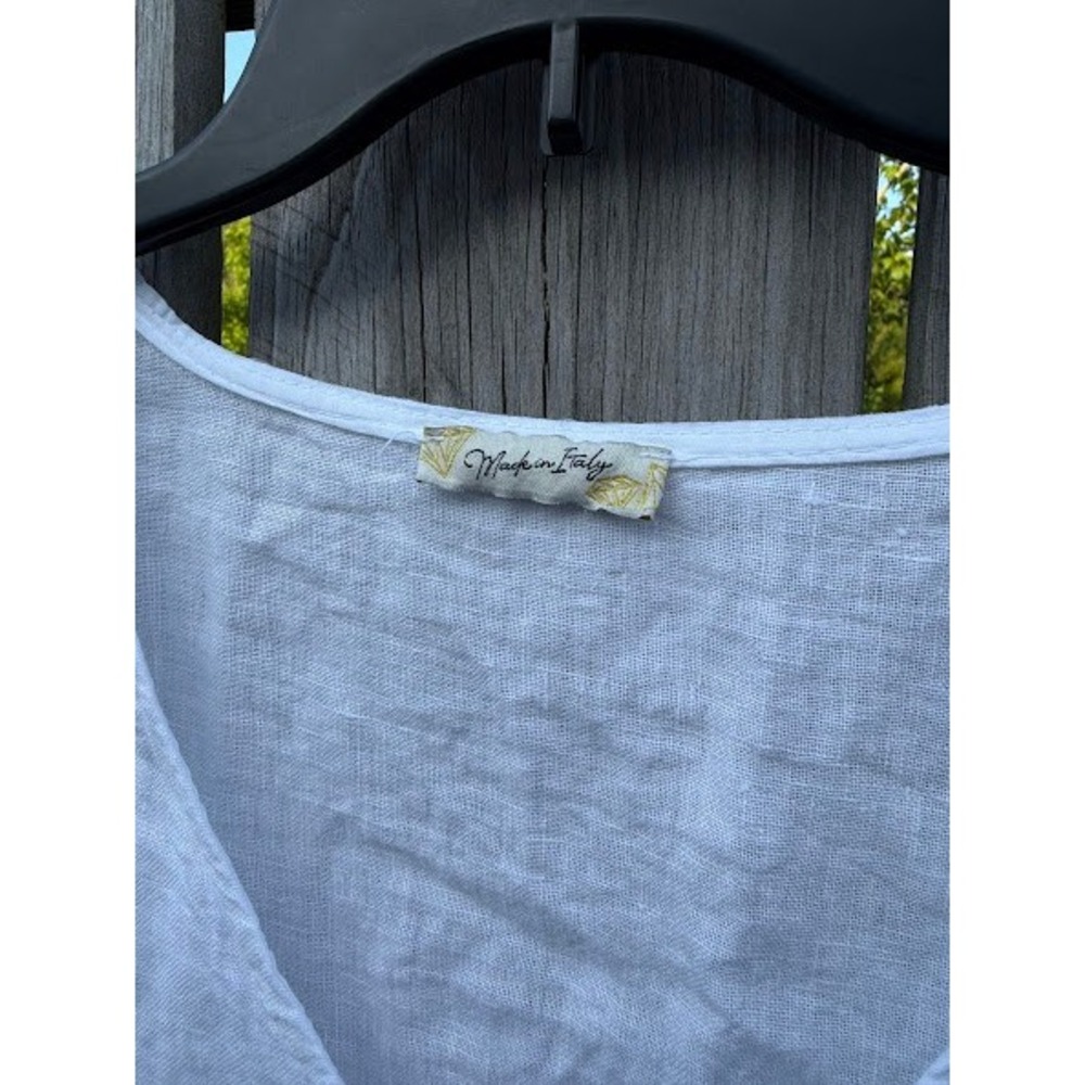 Made in Italy White 100% Linen Tie Front V-Neck Short Sleeve Crop Top - Picture 3 of 4